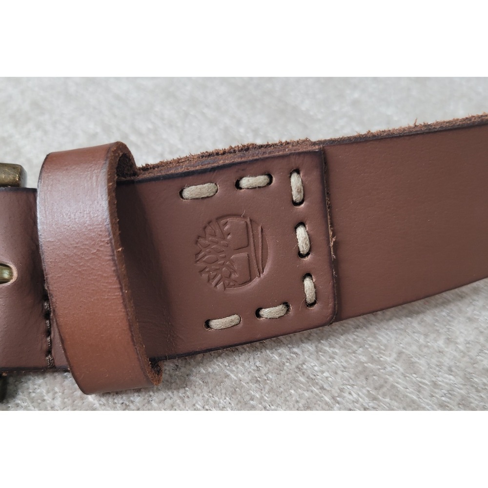 Timberland Mens Size 32 Brown Genuine Leather Belt Contrast Stitch Brass Buckle - Picture 4 of 9